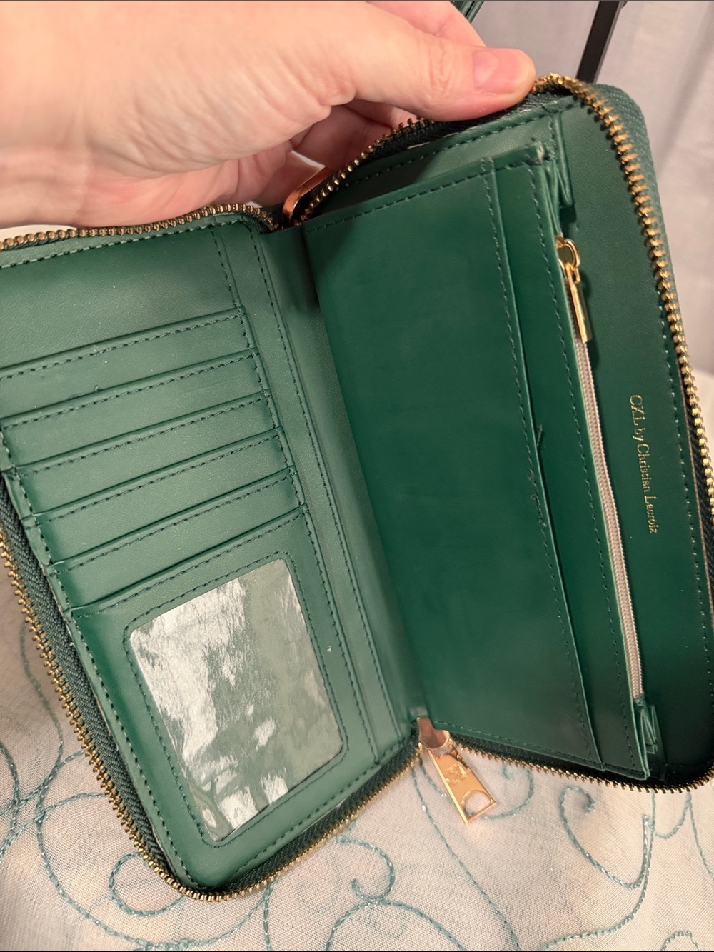 Christian Lacroix Dark Green Zip-Around Wristlet with Gold Logo - Picture 5 of 7